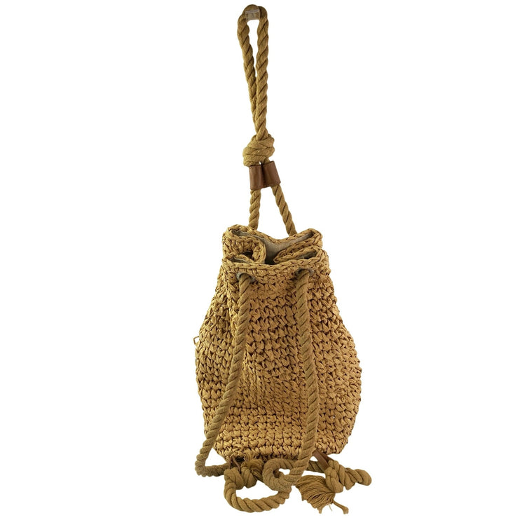 Zara Women's Tan Woven Straw Tube Rope Summer Boho Shoulder Hobo Backpack OS