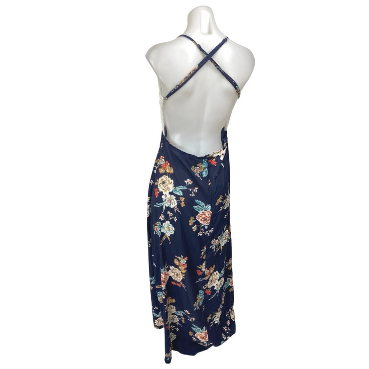 Shein White Blue Floral Crochet Knit Sleeveless Cross Back A Line Maxi Dress XL