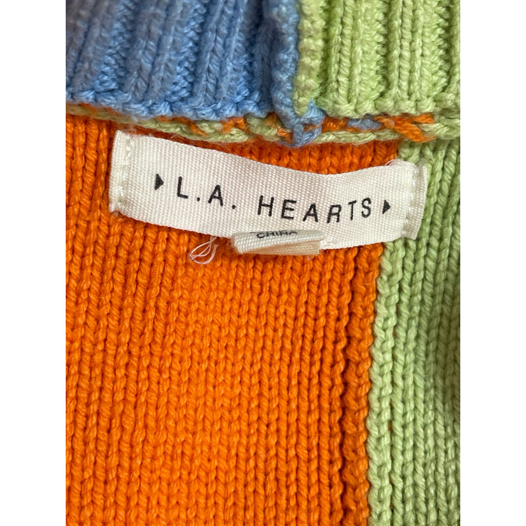 LA Hearts Women's Color Block Chunky Knit Balloon Sleeve Cardigan Sweater Top L