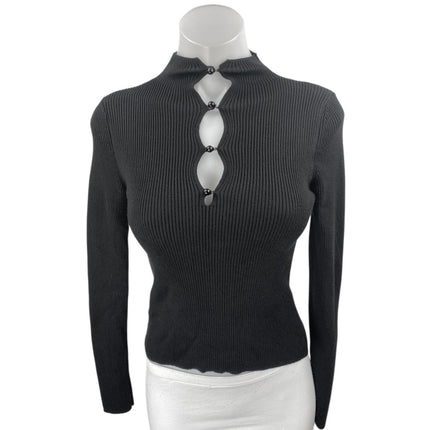 MNG Mango Women's Black Long Sleeve RIb Knit Cutout Mock Neck Sweater Top Size S