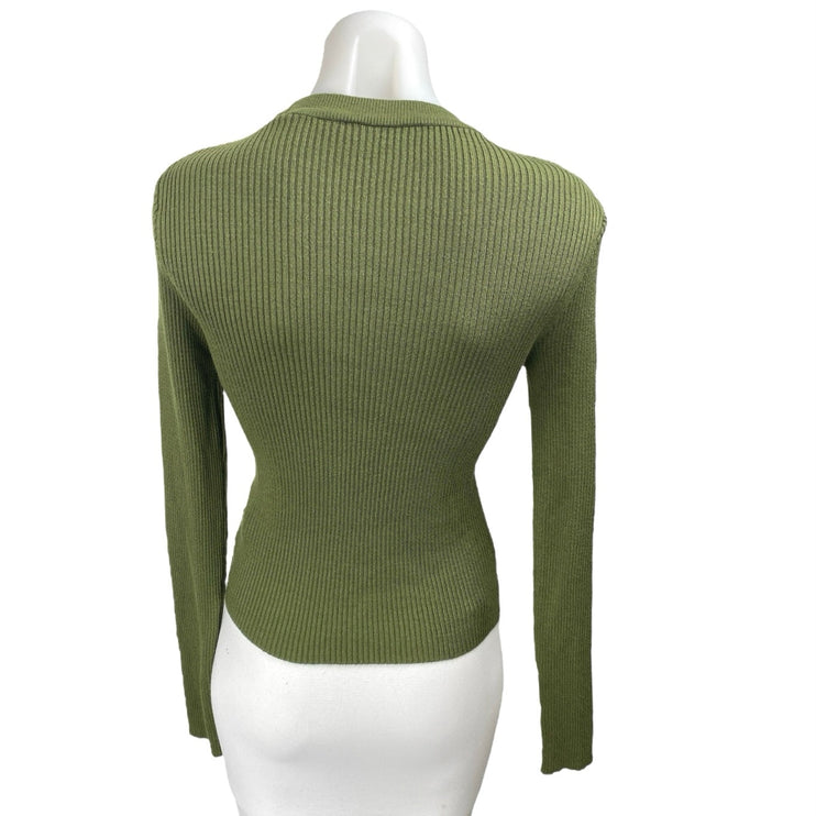 NA-KD Women's Green Rib Knit Long Sleeve Crew Neck Slim Fit Sweater Top Size S
