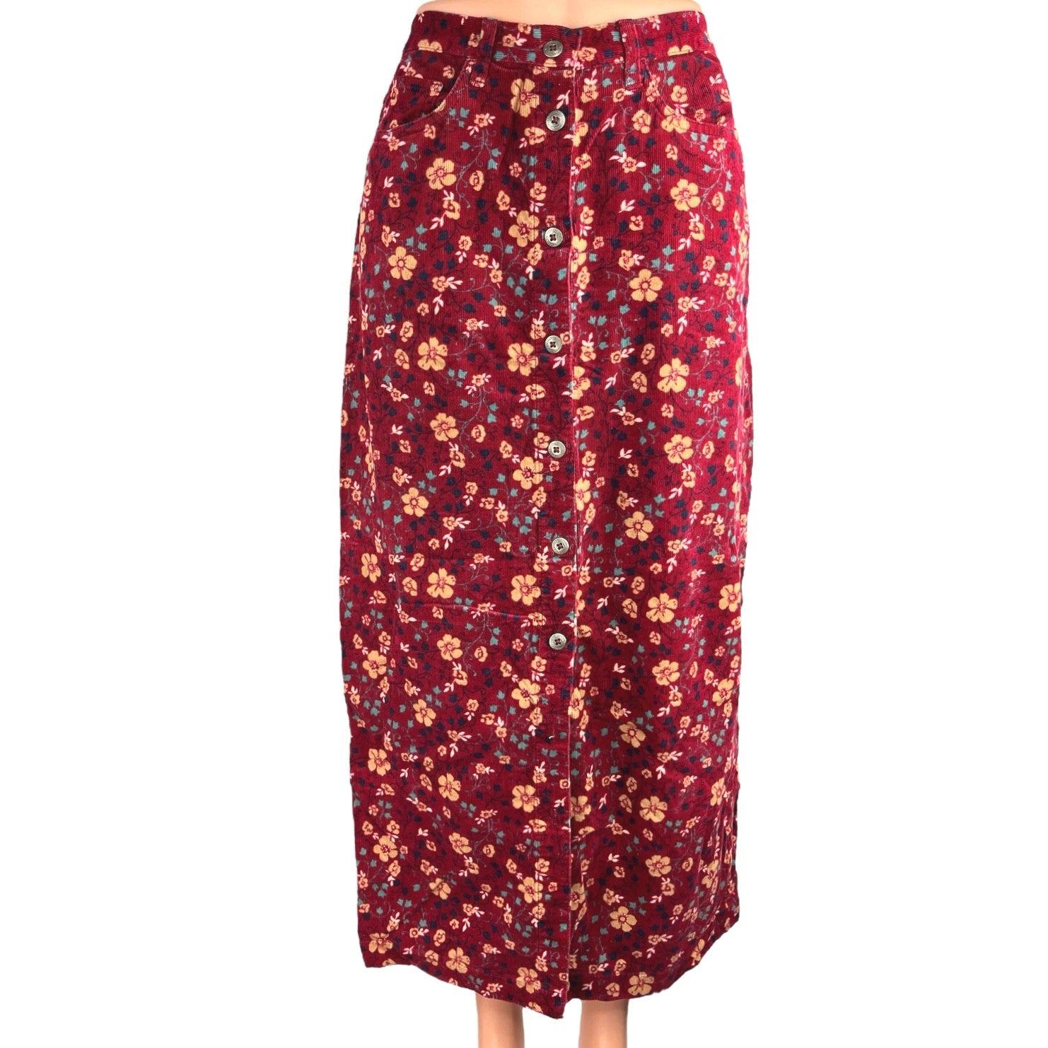 chinese dress ladies Vintage Bobbie Brooks Red Floral Corduroy High Waisted Button Maxi Skirt Size 6