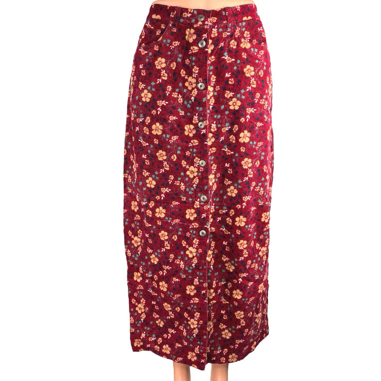 Vintage Bobbie Brooks Red Floral Corduroy High Waisted Button Maxi Skirt Size 6