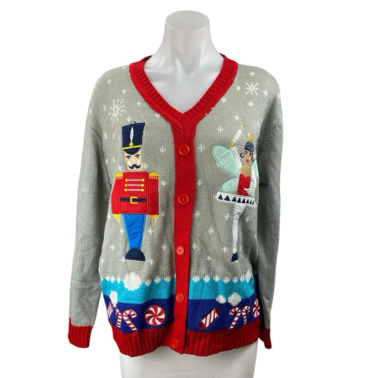 Women's Gray Nutcracker Ballerina Whimsical Button Up Cardigan Sweater Size M