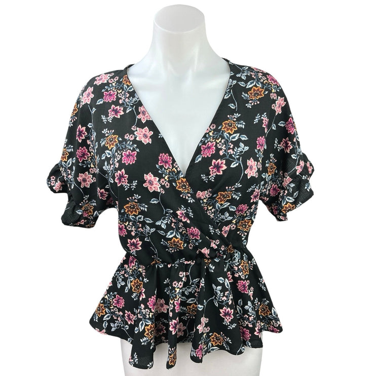 Francesca's Mi Ami Black Floral Faux Wrap V-Neck Ruffle Peplum Blouse Top Sz XS