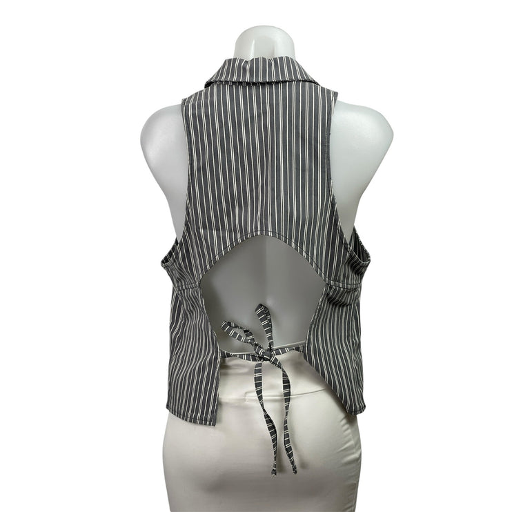 Silence + Noise Gray White Striped Sleeveless Zip Up Cutout Back Shirt Top Sz XL
