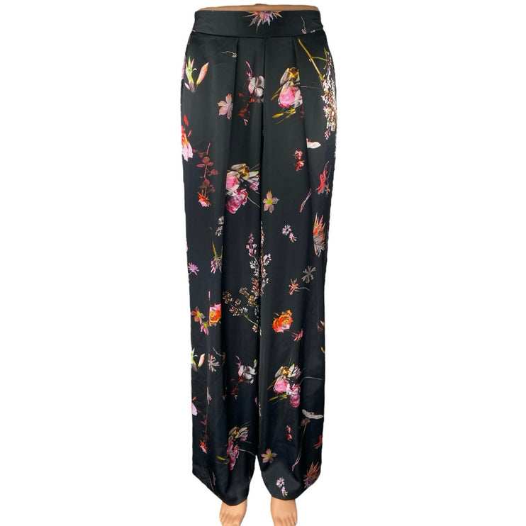 Victoria's Secret Black Silky Satin Floral Pleated Wide Leg Trousers Pants Sz XS