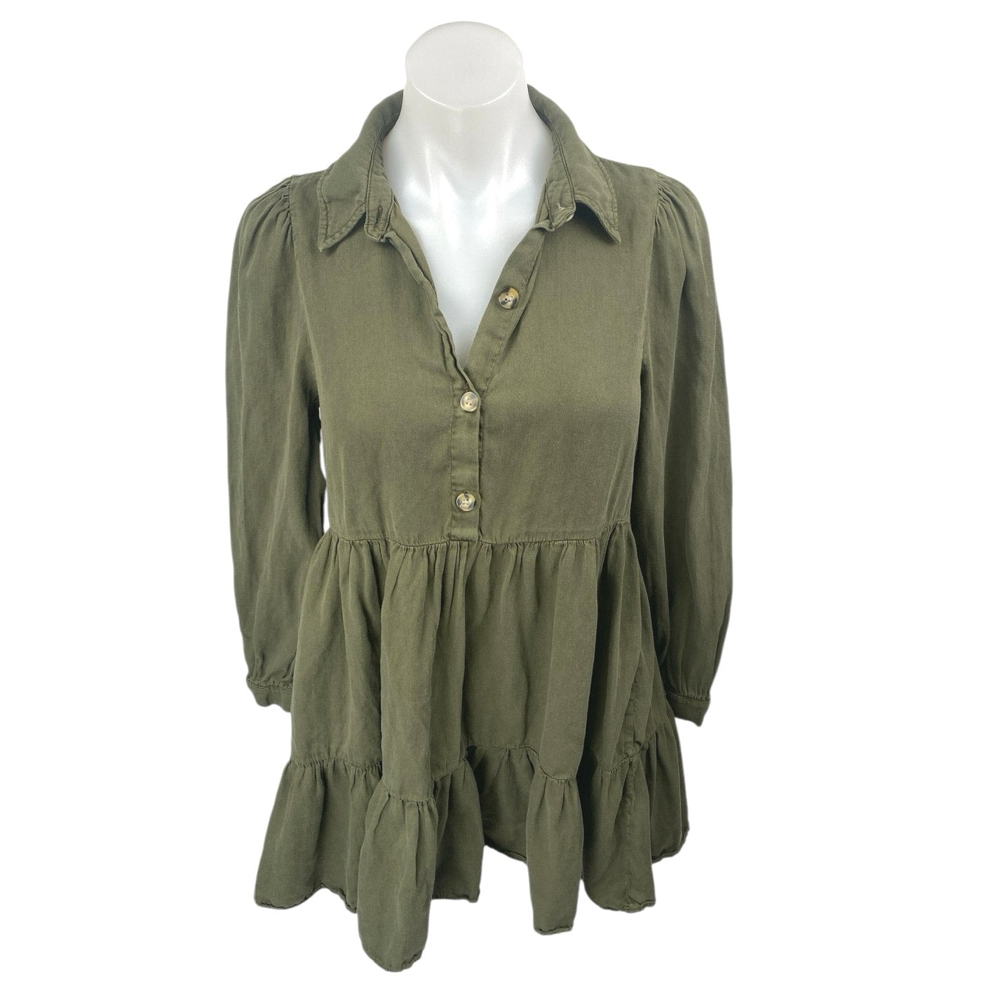 Zara Women's Green Long Sleeve Collared Tiered A Line Shirt Mini Dress Size S Zara Women's Green Long Sleeve Collared Tiered A Line Shirt Mini Dress Size S