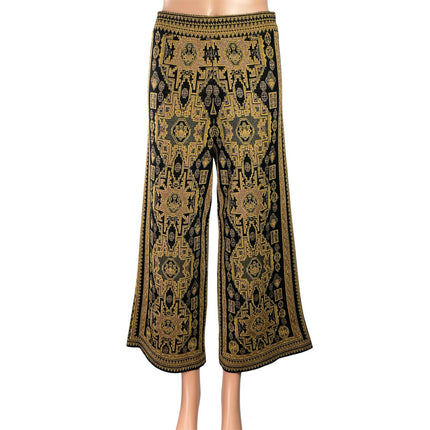 Zara Women Gold Black Aztec Boho Jacquard Cropped Wide Leg Trousers Pants Size S