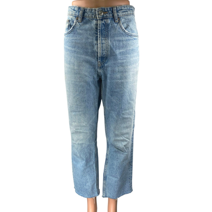 Zara Women's Blue High Waisted Frayed Raw Hem Straight Leg Denim Jeans Pants 6