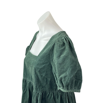 Madewell Women's Green Corduroy Short Puff Sleeve Tiered A Line Mini Dress Sz 4
