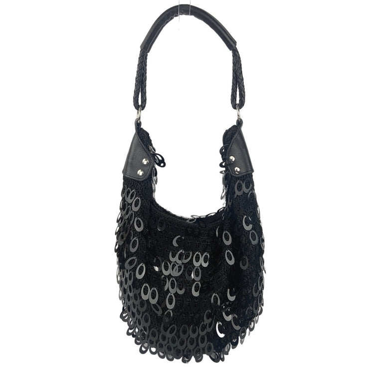 Women's Black Crochet Droplet Sequins Zipper Evening Party Hobo Shoulder Bag