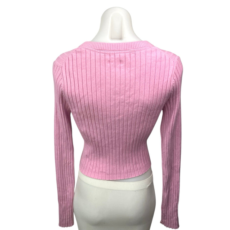 Aerie Pink Ribbed Knit Button V-neck Long Sleeve Crop Cardigan Sweater Top Sz M