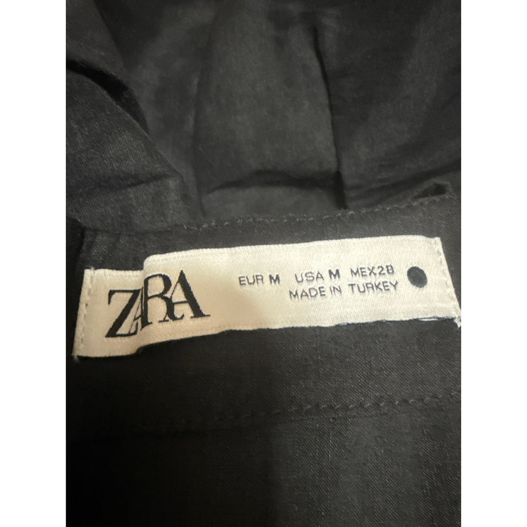 Zara Black Linen Ruched Pleated Sleeveless Mini Cami Tank A-Line Sheath Dress M
