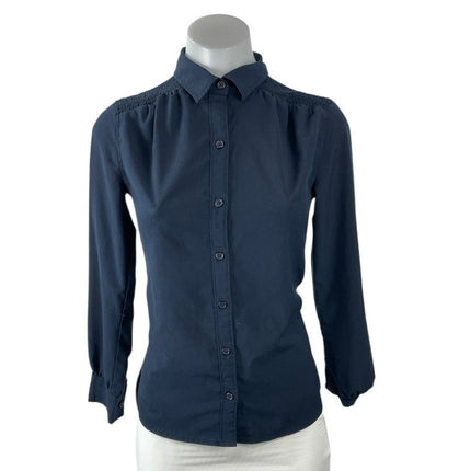 Banana Republic Blue Ruched Collared Long Sleeve Button Up Shirt Blouse Top XXSP
