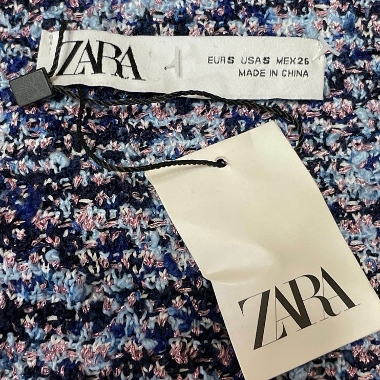 NEW Zara Multicolor Tweed Off The Shoulder Fringe Frayed Long Sleeve Crop Top S