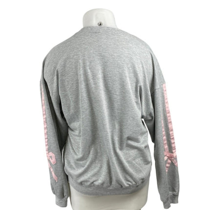 Main Strip Women's Gray Embroidered Pink Bow Long Sleeve Sweatshirt Top Size L