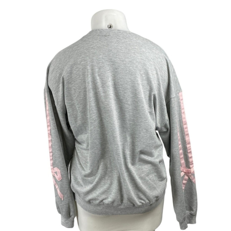 Main Strip Women's Gray Embroidered Pink Bow Long Sleeve Sweatshirt Top Size L