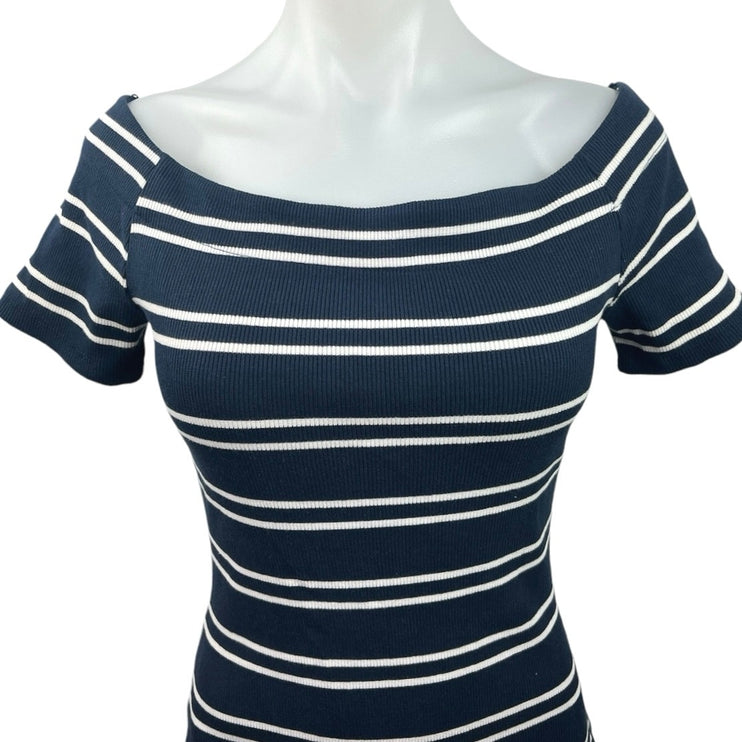 ASTR The Label Women's Blue Striped Boat Neck Short Sleeve Mini Bodycon Dress M