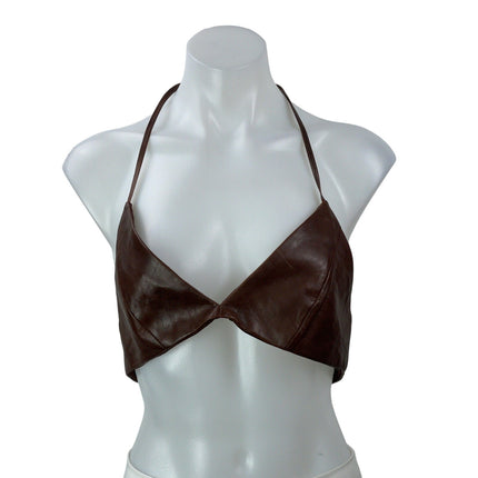 Lamarque Melka Brown 100% Leather Halter V Neck Strappy Triangle Crop Top Size S