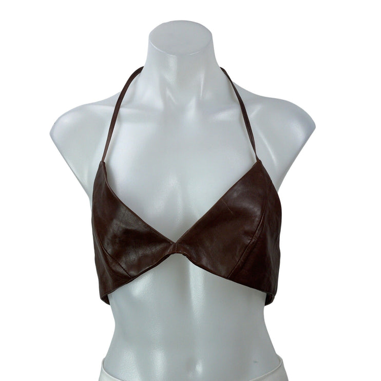 Lamarque Melka Brown 100% Leather Halter V Neck Strappy Triangle Crop Top Size S