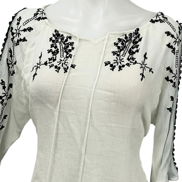 Women's White Floral Embroidered Half Sleeve Slit Tie Boho Blouse Top Size M