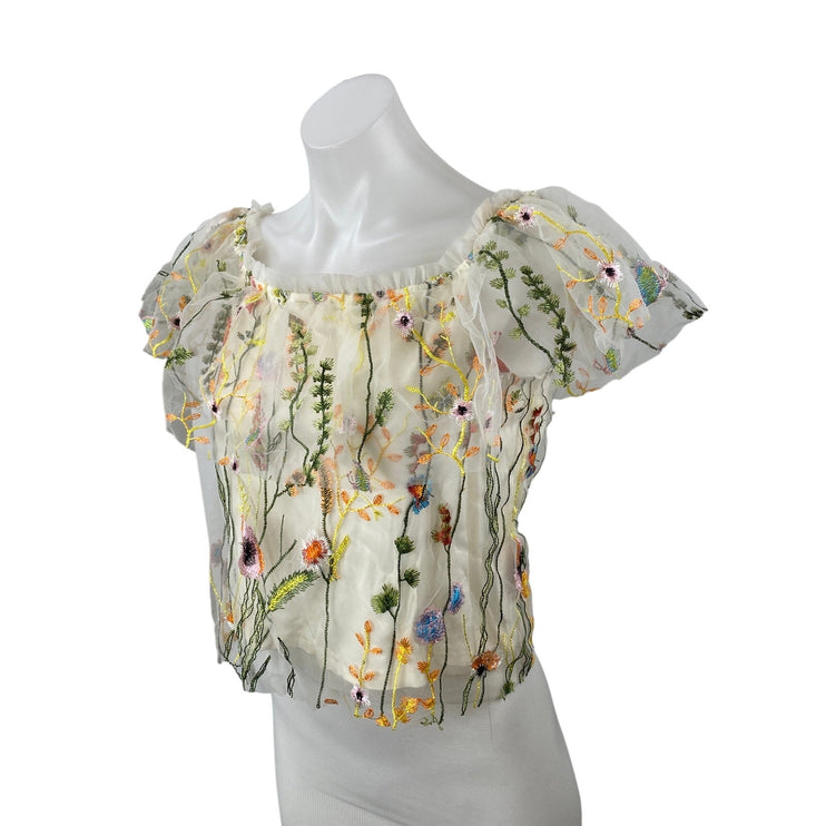Lucy Paris White Floral Mesh Embroidered Flutter Sleeve Ruffle Blouse Top Size S