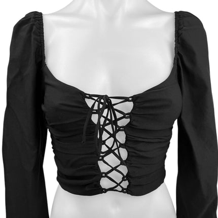 Fashion Nova Black Lace Up Criss Cross Ruched Long Sleeve Crop Blouse Top Size M