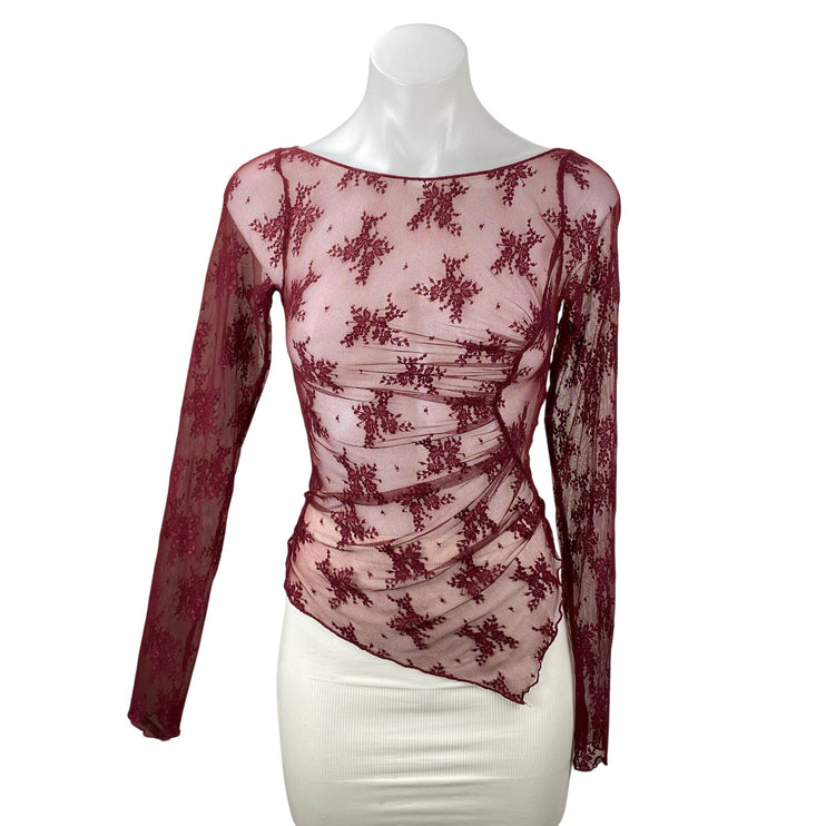 Free People Full Bloom Red Layering Mesh Sheer Lace Long Sleeve Blouse Top Sz XS