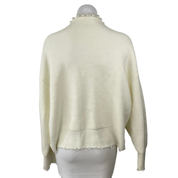 Commense Cream White Pearl Open Front Long Sleeve Knit Cardigan Sweater Top Sz L