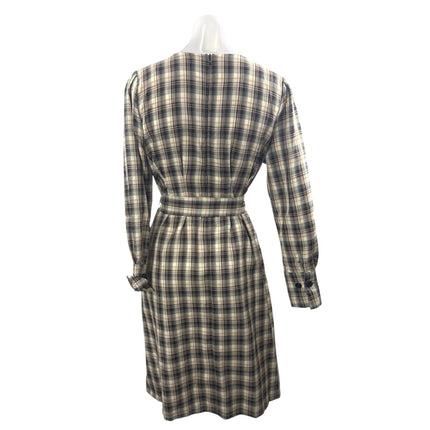 Gracia Plaid Check Long Sleeve Belted Button Up Midi Flare A-Line Shirt Dress S