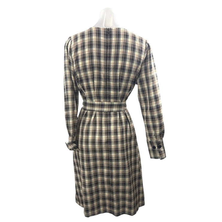 Gracia Plaid Check Long Sleeve Belted Button Up Midi Flare A-Line Shirt Dress S