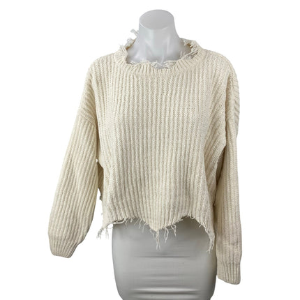 Dress Forum Womens Ivory Ripped Frayed Long Sleeve Crop Sweatshirt Sweater Top S