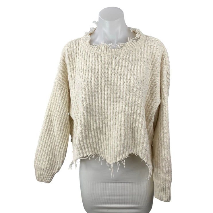 Dress Forum Womens Ivory Ripped Frayed Long Sleeve Crop Sweatshirt Sweater Top S