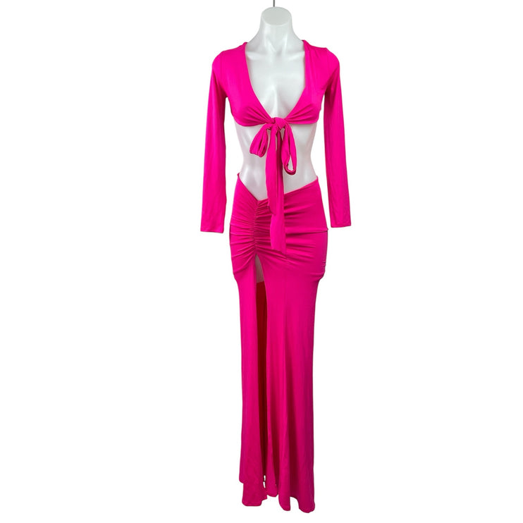 Polly Womens Pink Long Sleeve Tie Front Crop Top & Ruched Slit Maxi Skirt Size 2