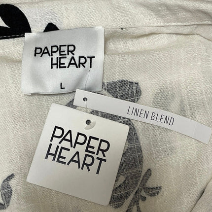 NEW Paper Heart White Black Short Sleeves Linen Blend Button Down Shirt Top Sz L