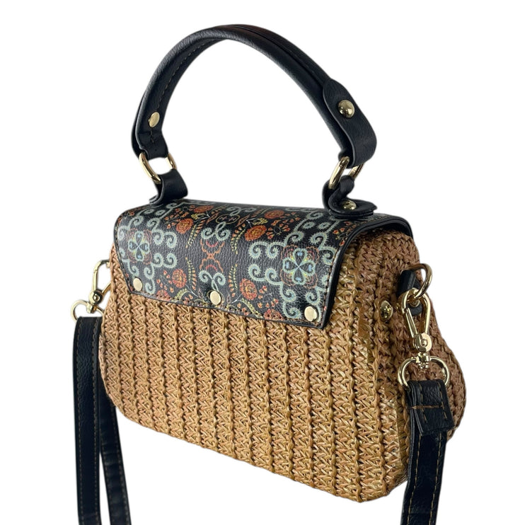 Women's Multicolor Boho Woven Straw Faux Leather Handle Crossbody Handbag OS