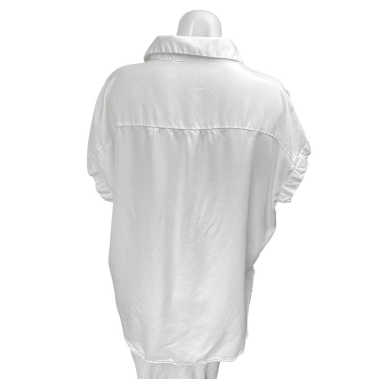 Quince Women's White Short Sleeve Collared Button Down Blouse Shirt Top Size M