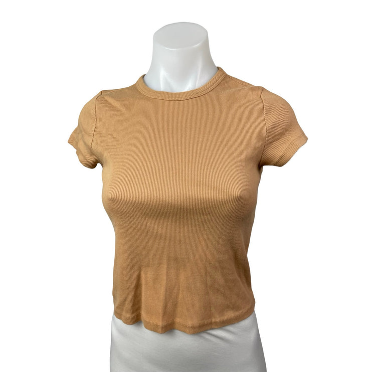 Anthropologie Maeve Tan Ribbed Knit Short Sleeve Baby Tee T Shirt Top Size M
