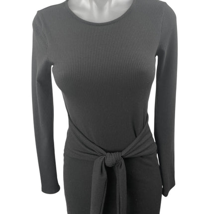 Aqua Women's Black Rib Knit Tie Waist L:ong Sleeve Midi Bodycon Sweater Dress XS