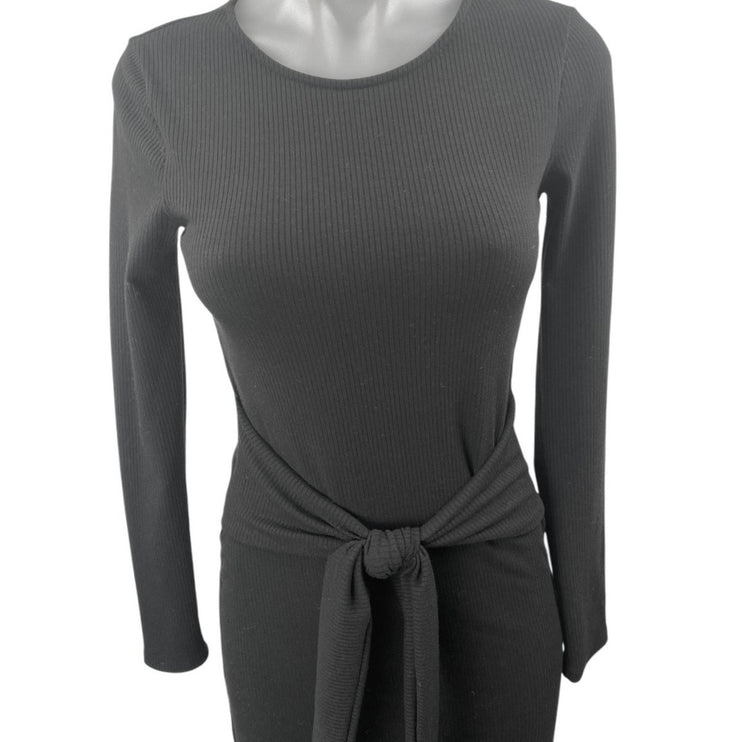 Aqua Women's Black Rib Knit Tie Waist L:ong Sleeve Midi Bodycon Sweater Dress XS