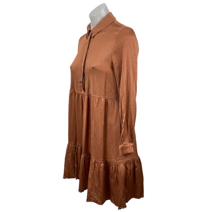 Zara Women's Brown Long Sleeve Button Front Tiered A Line Mini Dress Size XS