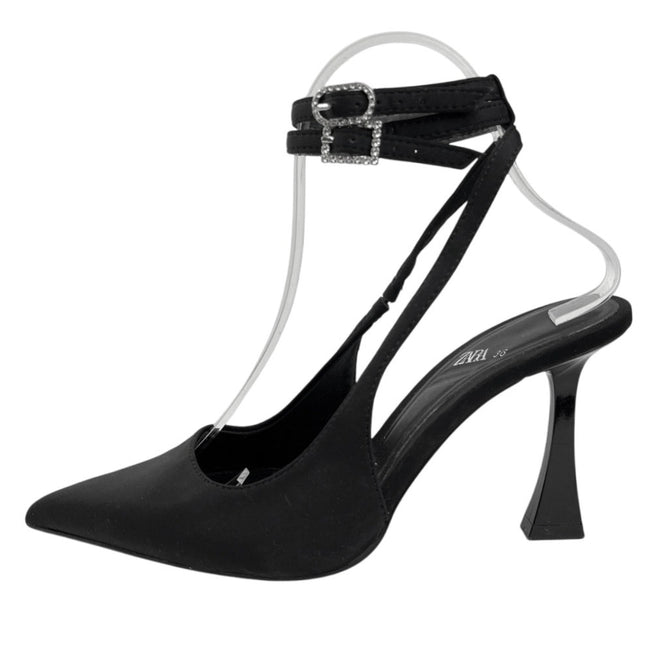 Zara Black Double Strap Pointed Toe Rhinestone Buckles High Heels