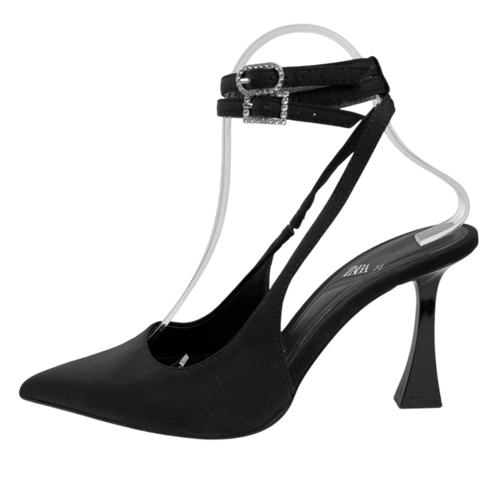 Zara Black Double Strap Pointed Toe Rhinestone Buckles High Heels