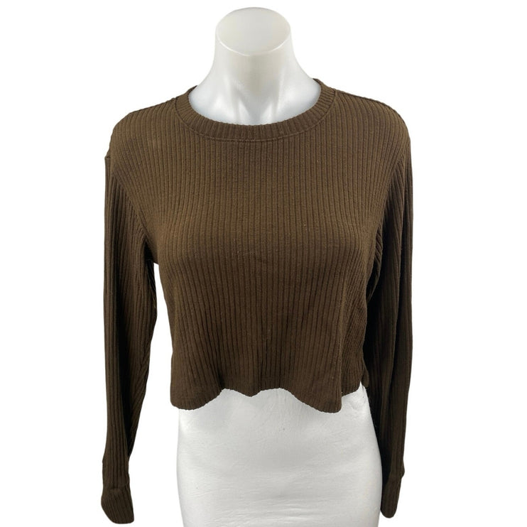 Abercrombie & Fitch Olive Green Ribbed Knit Long Sleeve Cropped Sweater Top Sz S