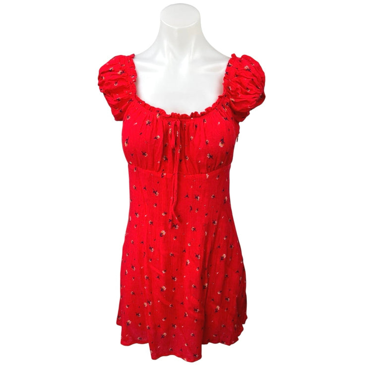 NEW En Creme Red Floral Ruffle Short Sleeve Empire Waist Mini Sheath Dress Sz S