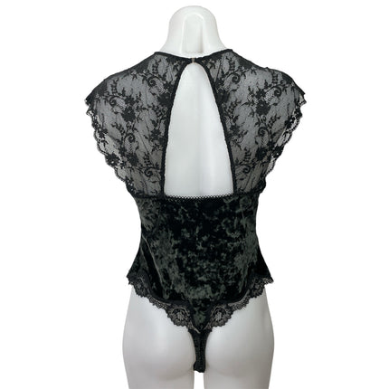 Victoria's Secret Black Floral Lace Velvet Velour Cutout Back Bodysuit Top Sz L