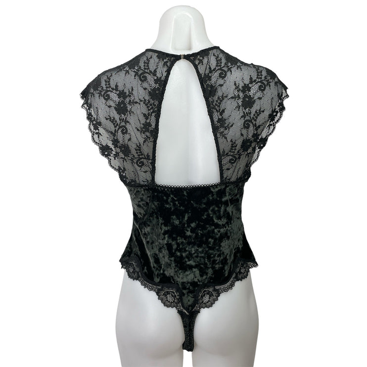 Victoria's Secret Black Floral Lace Velvet Velour Cutout Back Bodysuit Top Sz L