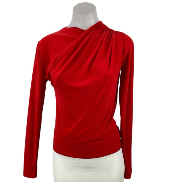 Zara Women's Red Asymmetric Draped Neck Long Sleeve Tee T-Shirt Blouse Top Sz S