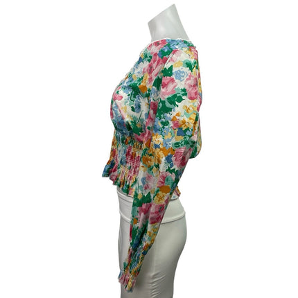 Wayf Multicolor Floral Garden Long Sleeve Lace Smocked Peplum Crop Top Size M